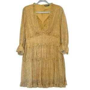 SHEIN Yellow & Black V-neck Long Sleeve Tiered Mini Dress Ruffles Lightweight 12